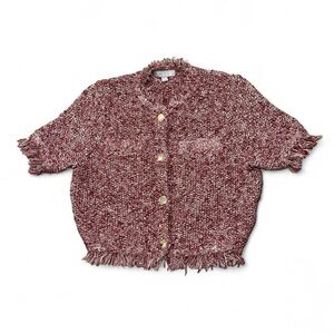 J Crew Burgundy & Cream Knit Cardigan – Fringe & Gold Buttons, Size Small